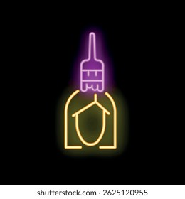 Glowing neon line hair dye brush over bottle symbol on a black background icon