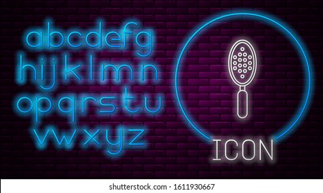 Glowing neon line Hairbrush icon isolated on brick wall background. Comb hair sign. Barber symbol. Neon light alphabet. Vector Illustration