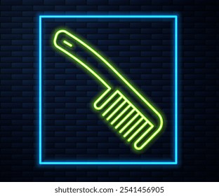 Icono de cepillo de pelo de línea de neón brillante aislado en el fondo de la pared de ladrillo. Signo de peine. Símbolo de barbero.  Vector