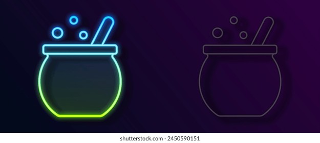 Glowing neon line Halloween witch cauldron icon isolated on black background. Happy Halloween party.  Vector