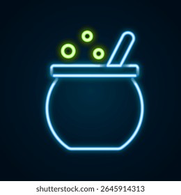 Glowing neon line Halloween witch cauldron icon isolated on black background. Happy Halloween party. Colorful outline concept. Vector