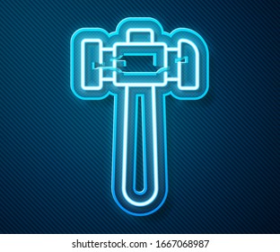 Glowing neon line Hammer icon isolated on blue background. Tool for repair.  Vector Illustration