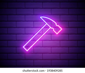 Glowing neon line Hammer icon isolated on brick wall. Tool for repair. Vector Illustration.