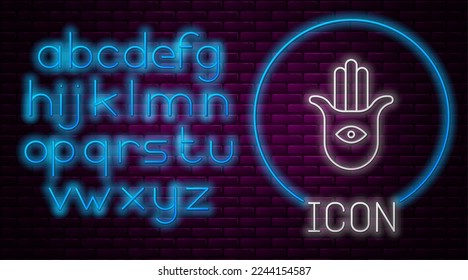 Glowing neon line Hamsa hand icon isolated on brick wall background. Hand of Fatima - amulet, symbol of protection from devil eye. Neon light alphabet. Vector