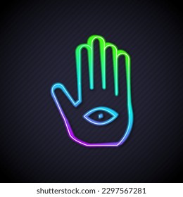 Glühende Neonlinie Hamsa Handsymbol einzeln auf schwarzem Hintergrund. Hand von Fatima - Amulet, Symbol des Schutzes vor dem Teufel Auge.  Vektorgrafik