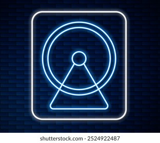 Icono de rueda de hámster de línea de neón brillante aislado en fondo de pared de ladrillo. Rueda para roedores. Tienda de mascotas.  Vector