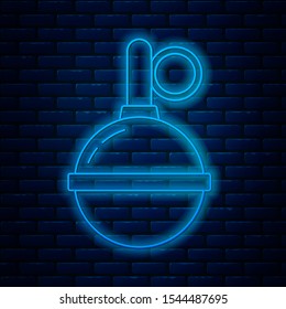 Glowing neon line Hand grenade icon isolated on brick wall background. Bomb explosion.  Vector Illustration
