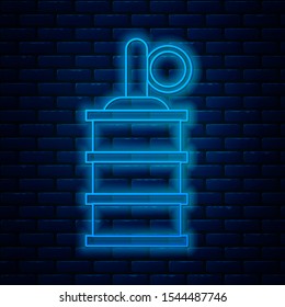 Glowing neon line Hand grenade icon isolated on brick wall background. Bomb explosion.  Vector Illustration