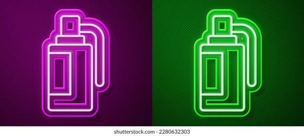 Glowing neon line Hand grenade icon isolated on purple and green background. Bomb explosion.  Vector