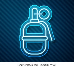 Glowing neon line Hand grenade icon isolated on blue background. Bomb explosion.  Vector