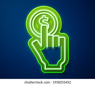 Glowing neon line Hand holding coin icon isolated on blue background. Dollar or USD symbol. Cash Banking currency sign.  Vector