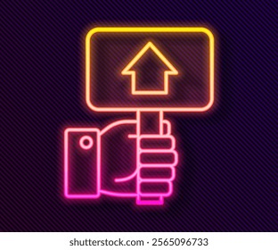 Glowing neon line Hand holding auction paddle icon isolated on black background. Bidding concept. Auction competition. Hands rising signs with BID inscriptions.  Vector