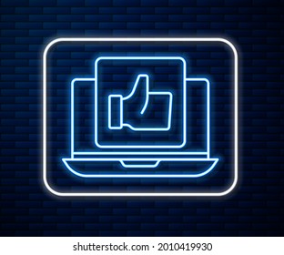 Glowing neon line Hand like icon isolated on brick wall background.  Vector