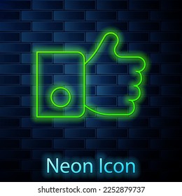Glowing neon line Hand like icon isolated on brick wall background.  Vector