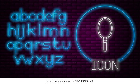 Glowing neon line Hand mirror icon isolated on brick wall background. Neon light alphabet. Vector Illustration
