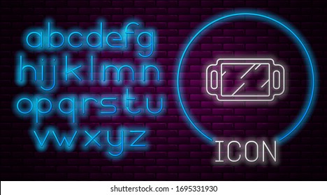 Glowing neon line Hand mirror icon isolated on brick wall background. Neon light alphabet. Vector Illustration
