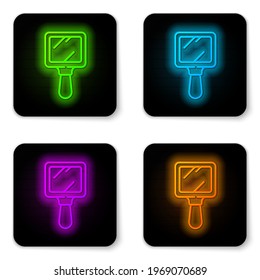 Glowing neon line Hand mirror icon isolated on white background. Black square button. Vector Illustration