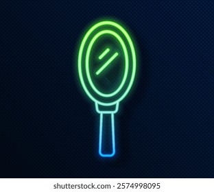 Glowing neon line Hand mirror icon isolated on blue background.  Vector