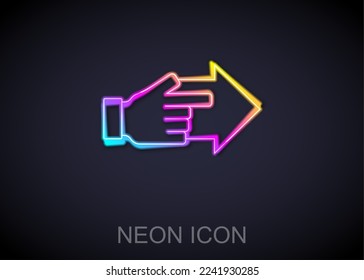 Mano de línea de neón brillante con el dedo señalador con el icono de flecha aislado en el fondo negro. Visión y objetivo del negocio. Concepto de finanzas empresariales, carácter, líder.  Vector