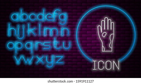 Glowing neon line Hand with psoriasis or eczema icon isolated on brick wall background. Concept of human skin response to allergen or chronic body problem. Neon light alphabet. Vector Illustration