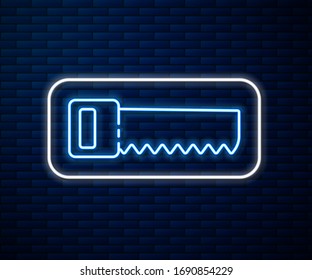 Glowing neon line Hand saw icon isolated on brick wall background.  Vector Illustration