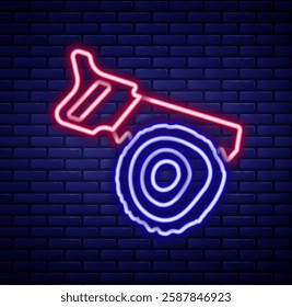 Glowing neon line Hand saw and log icon isolated on brick wall background. Colorful outline concept. Vector