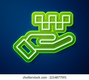 Glowing neon line Hand with taxi icon isolated on blue background. Location symbol.  Vector