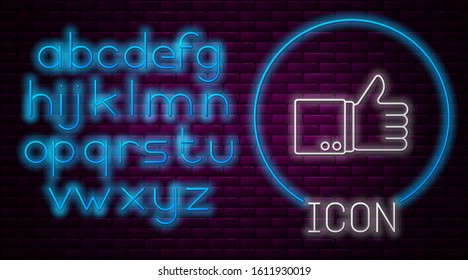 Glowing neon line Hand thumb up icon isolated on brick wall background. Neon light alphabet. Vector Illustration