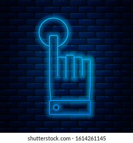 Glowing neon line Hand touch and tap gesture icon isolated on brick wall background. Click here, finger, touch, pointer, cursor, mouse symbol.  Vector Illustration