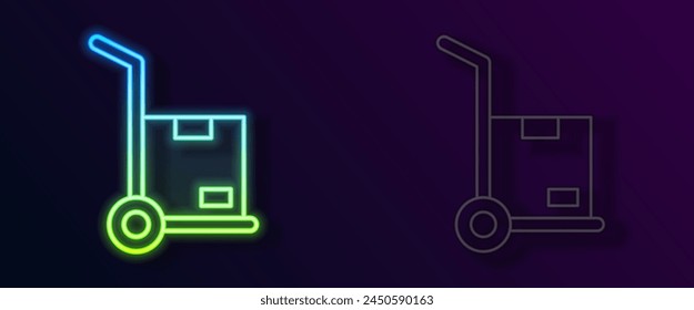 Glowing neon line Hand truck and boxes icon isolated on black background. Dolly symbol.  Vector
