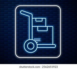 Glowing neon line Hand truck and boxes icon isolated on brick wall background. Dolly symbol.  Vector Illustration