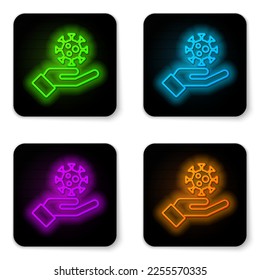 Glowing neon line Hand with virus icon isolated on white background. Corona virus 2019-nCoV. Bacteria and germs, cell cancer, microbe, fungi. Black square button. Vector