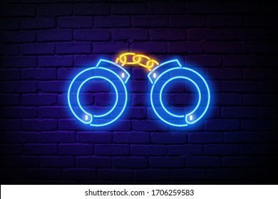 Glowing neon line handcuff icon isolated against a brick wall background. vector illustration for online games, eSports.