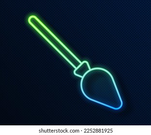 Glowing neon line Handle broom icon isolated on blue background. Cleaning service concept.  Vector