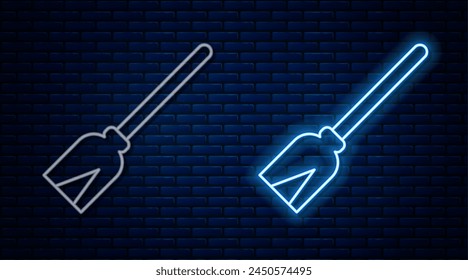 Glowing neon line Handle broom icon isolated on brick wall background. Cleaning service concept.  Vector