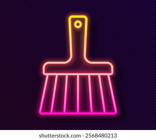 Glowing neon line Handle broom icon isolated on black background. Cleaning service concept.  Vector