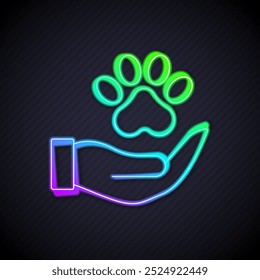 Glowing neon line Hands with animals footprint icon isolated on black background. Pet paw in heart. Love to the animals.  Vector