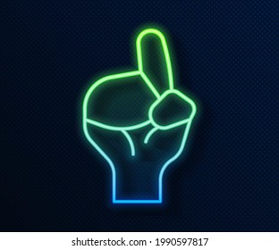 Glowing neon line Hands in praying position icon isolated on blue background. Praying hand islam muslim religion spirituality religious.  Vector