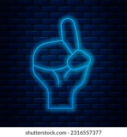 Glowing neon line Hands in praying position icon isolated on brick wall background. Praying hand islam muslim religion spirituality religious.  Vector