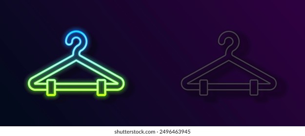 Glowing neon line Hanger wardrobe icon isolated on black background. Cloakroom icon. Clothes service symbol. Laundry hanger sign.  Vector