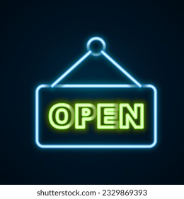 Glowing neon line Hanging sign with text Open door icon isolated on black background. Colorful outline concept. Vector