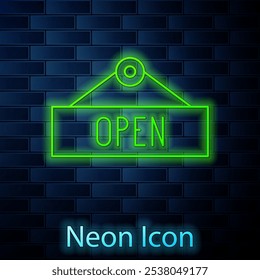 Glowing neon line Hanging sign with text Open door icon isolated on brick wall background.  Vector Illustration