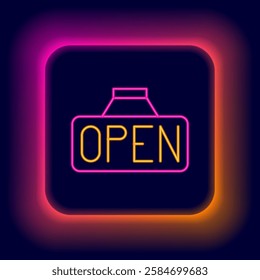 Glowing neon line Hanging sign with text Open door icon isolated on black background. Colorful outline concept. Vector