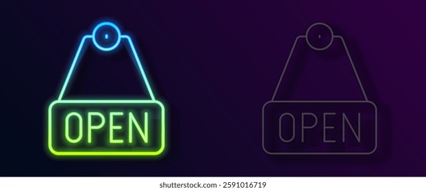 Glowing neon line Hanging sign with text Open door icon isolated on black background.  Vector