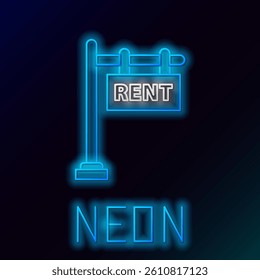 Glowing neon line Hanging sign with text Rent icon isolated on black background. Signboard with text Rent. Colorful outline concept. Vector