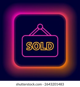 Glowing neon line Hanging sign with text Sold icon isolated on black background. Sold sticker. Sold signboard. Colorful outline concept. Vector