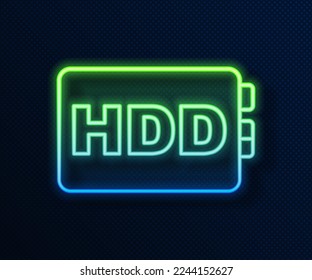 Glowing neon line Hard disk drive HDD icon isolated on blue background.  Vector