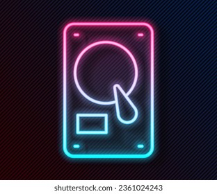 Glowing neon line Hard disk drive HDD icon isolated on black background.  Vector Illustration