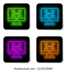 Glowing neon line Hardware diagnostics condition of car icon isolated on white background. Car service and repair parts. Black square button. Vector