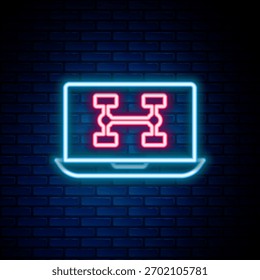 Línea de neón brillante Diagnóstico de hardware condición del icono del coche aislado en el fondo de la pared de ladrillo. Servicio y reparación de piezas de automóviles. Concepto de contorno colorido. Vector